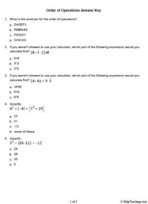 Order of Operations Answer Key | Education World