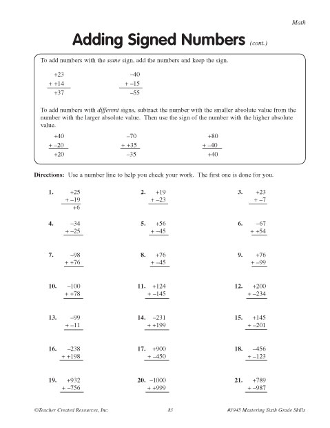 Adding Numbers With Different Signs Worksheets