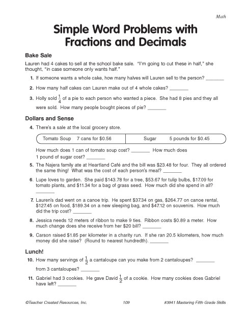 Simple Word Problems with Fractions and Decimals ...