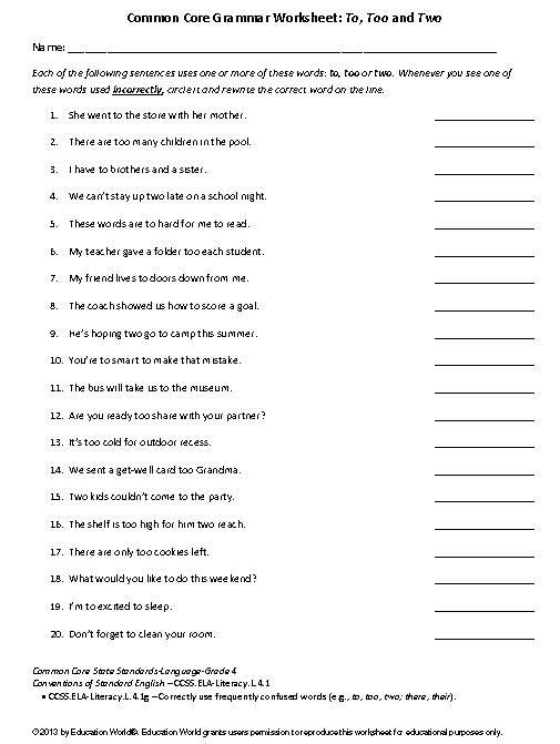 Coomon Core Grammar Worksheet To Too And Two Education World