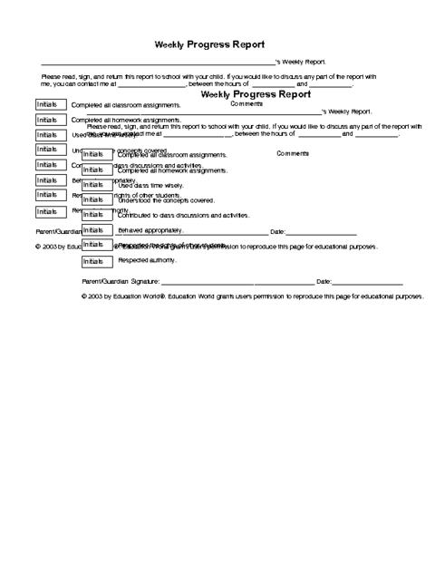 Weekly Progress Report Template Elementary