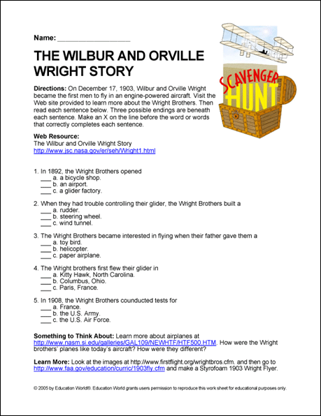 Internet Scavenger Hunt The Wilbur And Orville Wright Story