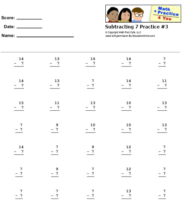 math practice 4 you subtracting 7 practice sheet 3 education world