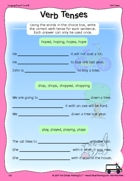 Critical Thinking Worksheet Grades K-2: Verb Tense