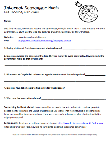 Internet Scavenger Hunt: Lee Iacocca | Education World