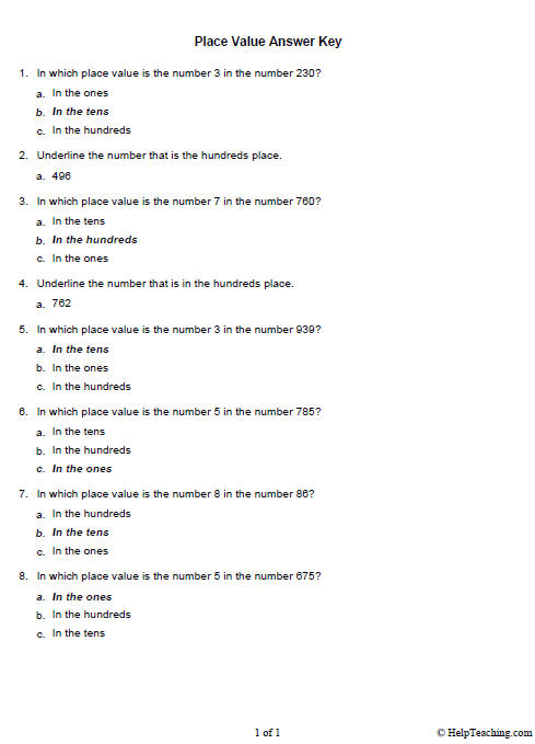 Place Holder Answer Key Education World