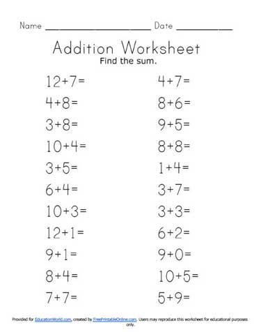 Addition Worksheet Horizontal Kindergarten
