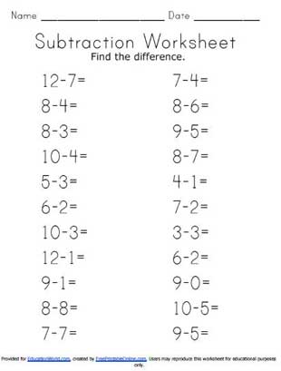 Math worksheets horizontal subtraction