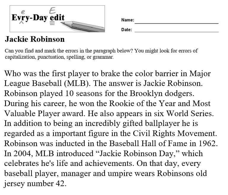 EveryDay Edits Jackie Robinson Editable Version for Student Remote