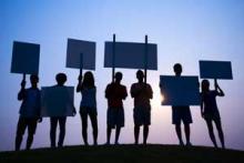 students protesting in twilight