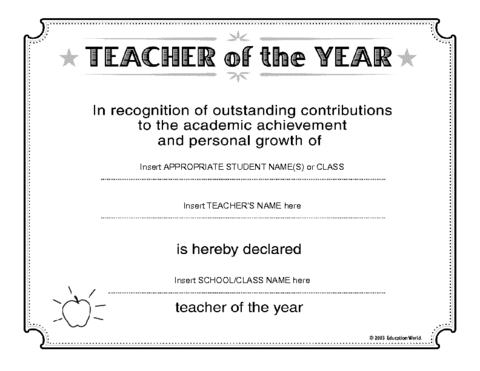 Teacher Of The Year Certificate Template Education World